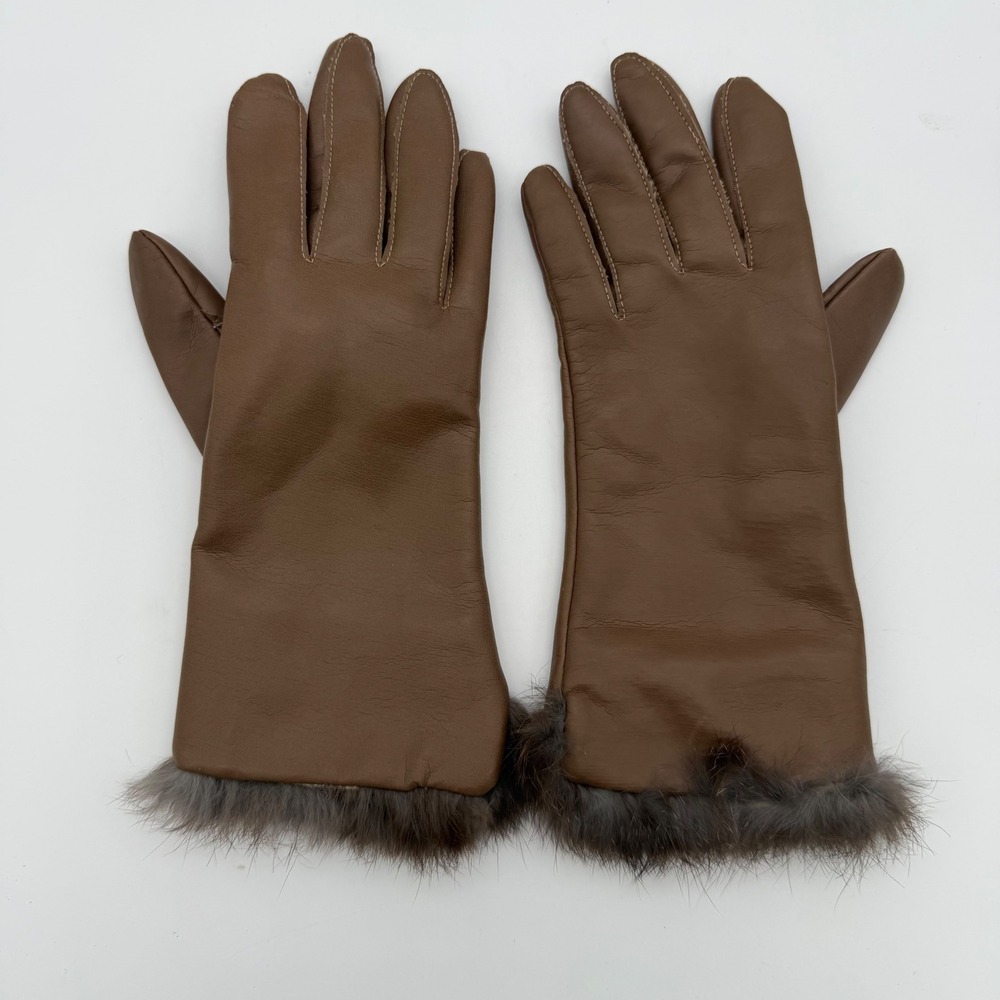 Vintage Van Raat Vinyl Leather Look Rabbit Fur Trim Gloves Brown Size 4